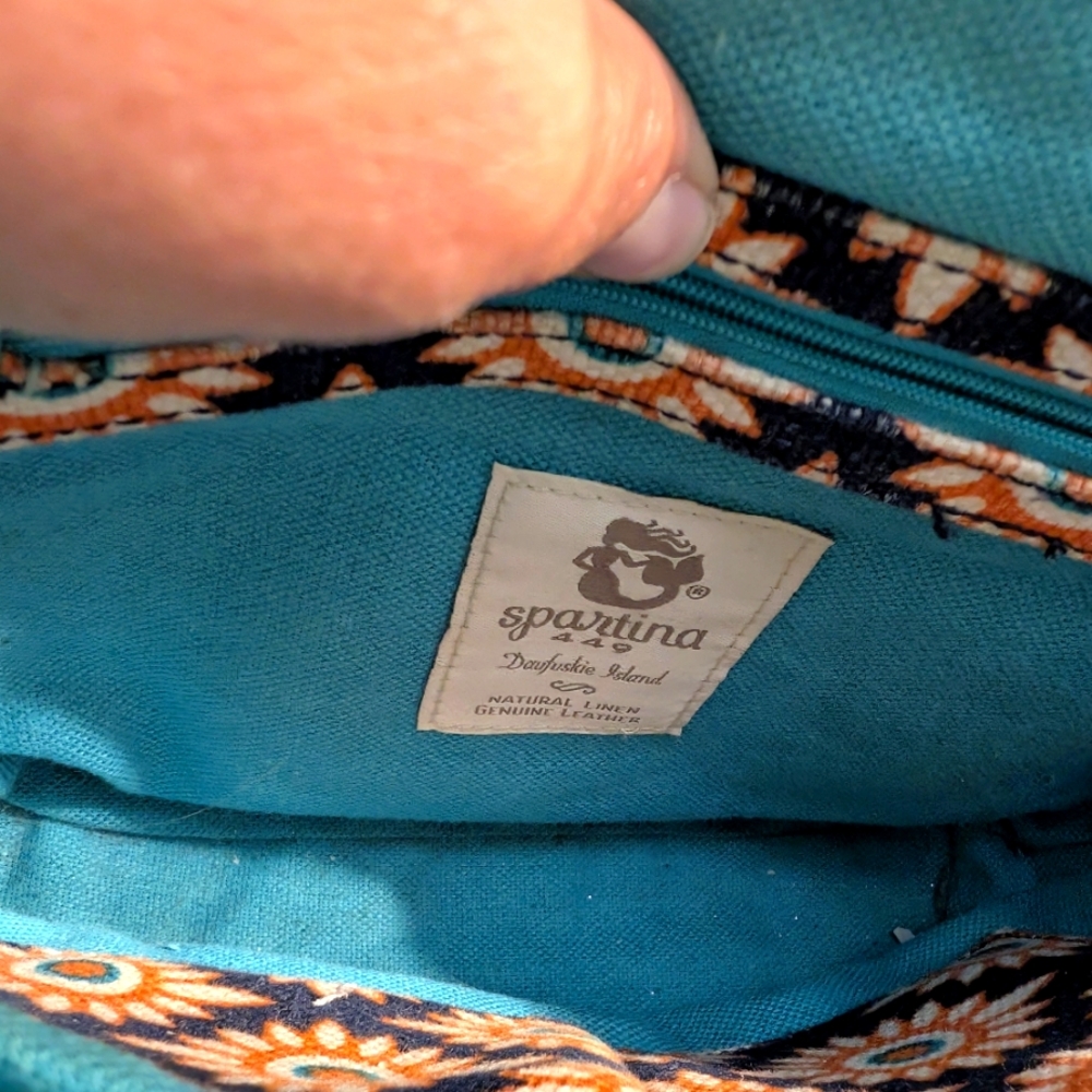 Spartina 449 Dauguskie Island Leather And Linen Floral Turquoise Crossbody‎ Bag - Picture 9 of 14